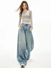 アメリカンビンテージ風 ライトブルーのバタフライデニムパンツ【ハイウエスト・ゆったりシルエット・フレアデザイン】