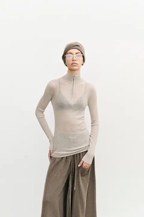 UNICA スポーティーセクシー 微透 ウェアラブル120'Sウールリブニットトップス【洗濯機洗い可・2WAY・長袖】