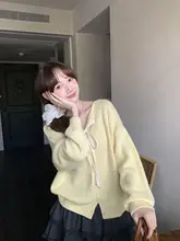 レースリボン付きニットカーディガン【秋のトレンド・韓国風・優雅でしたスタイル】