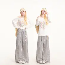 ストライプデザインのフィットワイドパンツ【ドローストリング・カジュアル・レディース】