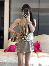 ChiclyNana キャミソールデザインのレトロなネックレス付きウエストタイトワンピース