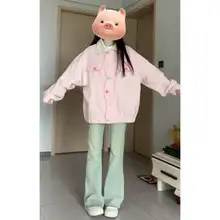 ピンクの小花柄デニムジャケット【春秋用・ゆったりデザイン・襟付き】（セットアップ対応）