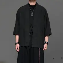 麻素材のレトロ風グリーン中式ジャケット【男女兼用・七分袖・春夏用】