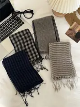 レトロチェックストライプの麻製フリンジスカーフ【通勤向け・防晒効果・女性用】