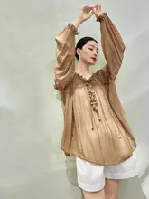 シフォンブラウス レディース フリル パフスリーブ 肩抜き 薄手 ルーズ 秋 「SUSHE」
