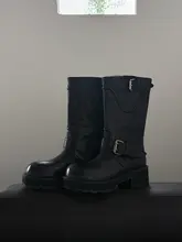 全皮製ライダー靴【ベルト付き・ミドルカット・ワイド・厚底・ハイヒール】