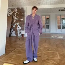 紫色のカジュアルスーツ【レトロスタイル・ワイドパンツ・高級感のあるデザイン・テーラードジャケット】（セットアップ対応）