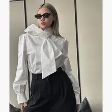 リボン付きルーズシャツ【バルーンスリーブ・春秋用・着やせ効果】（セットアップ対応）