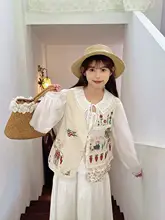 花柄チェックデザインの刺繍ベスト【コットンリネン・ゆったりフィット・重ね着に最適】（セットアップ対応）