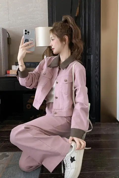 2点セット レディース デニム ワーク風 ワイドパンツ ピンク 着痩せ 若々しい 甘め 秋