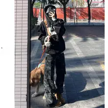 高身長向け 薄手グレー迷彩ワークパンツ【秋冬用・ハイウエスト・ルーズフィット・多ポケット】（セットアップ対応）