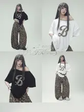 アシンメトリー肩デザインのヒョウ柄プリントTシャツ【セクシー・レトロ・アメリカンスタイル・薄手のトレーニングパンツ】（セットアップ対応）