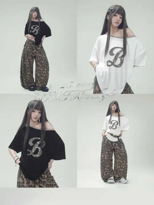 アシンメトリー肩デザインのヒョウ柄プリントTシャツ【セクシー・レトロ・アメリカンスタイル・薄手のトレーニングパンツ】（セットアップ対応）