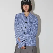 青いチェック柄の長袖シャツ【ゆったりデザイン・春夏用】