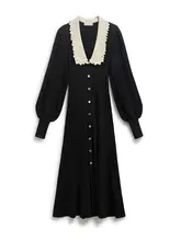 色彩豊かなドールカラーを持つ長袖ニットワンピース【ロング丈・ウエスト絞り・フランス風】