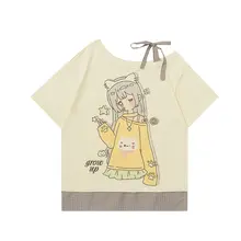 二次元キャラクター柄の短袖Tシャツ【ゆったりフィット・肩出し・チェック柄】（セットアップ対応）