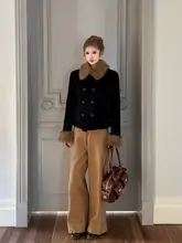 デタッチャブルファー付きダブルボタンウエストシェイプウールジャケット【ヴィンテージ風・保温性】