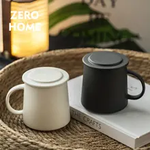 クリーム風陶器の蓋付きマグカップ【オフィス用・ミルクコーヒー・朝食用】