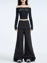 高腰のフィット黒のワイドレッグパンツ【スカート風・カジュアル・カンガルーポケット・偽二重デザイン】（セットアップ対応）