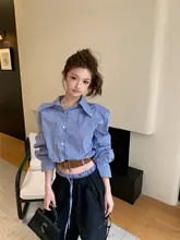 秋季コーデにぴったり！ブルー短丈ストライプシャツ【女性用・カジュアル・ワイ  ドパンツ付き】（セットアップ対応）