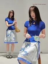 Tシャツ レディース 蝶刺繍 スタンドカラー 大きいサイズ チャイナテイスト インナー 夏 藍色