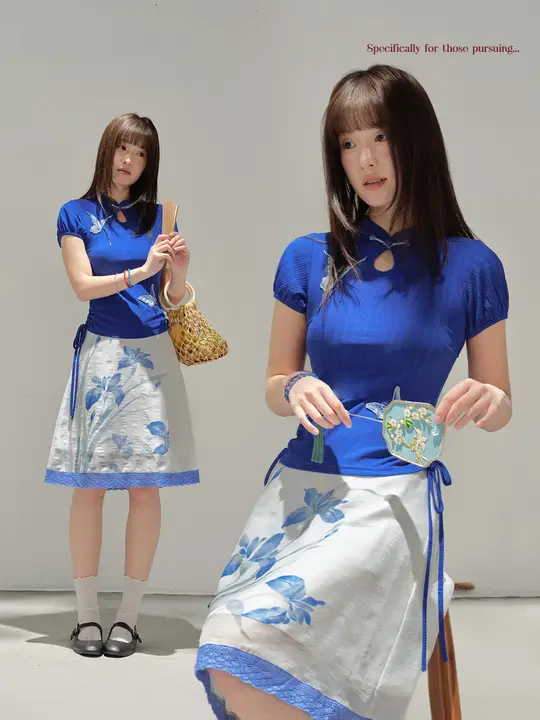 Tシャツ レディース 蝶刺繍 スタンドカラー 大きいサイズ チャイナテイスト インナー 夏 藍色