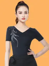 ラテン舞用 Vネック短袖トップス【極上の柔らかさ・ビジュー装飾・女性用】