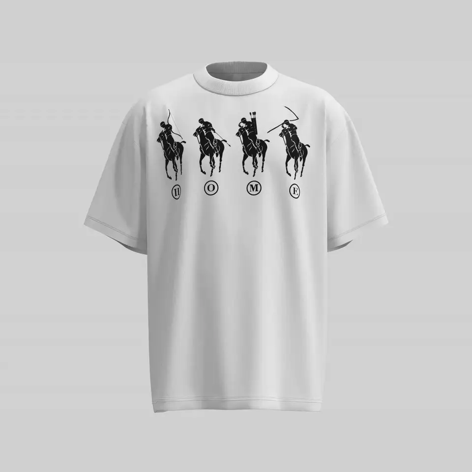 乗馬デザインのゆったりとしたプリントTシャツ【コットン・小さめの襟・短袖】