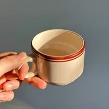 レトロな茶色のラインデザイン陶製カフェカップ【アメリカンスタイル・家庭用・午後のティータイムに最適】