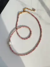 粉色天然木目調ストーンとバロックパールのネックレス【女性用・ロックボーンスタイル・夏用】