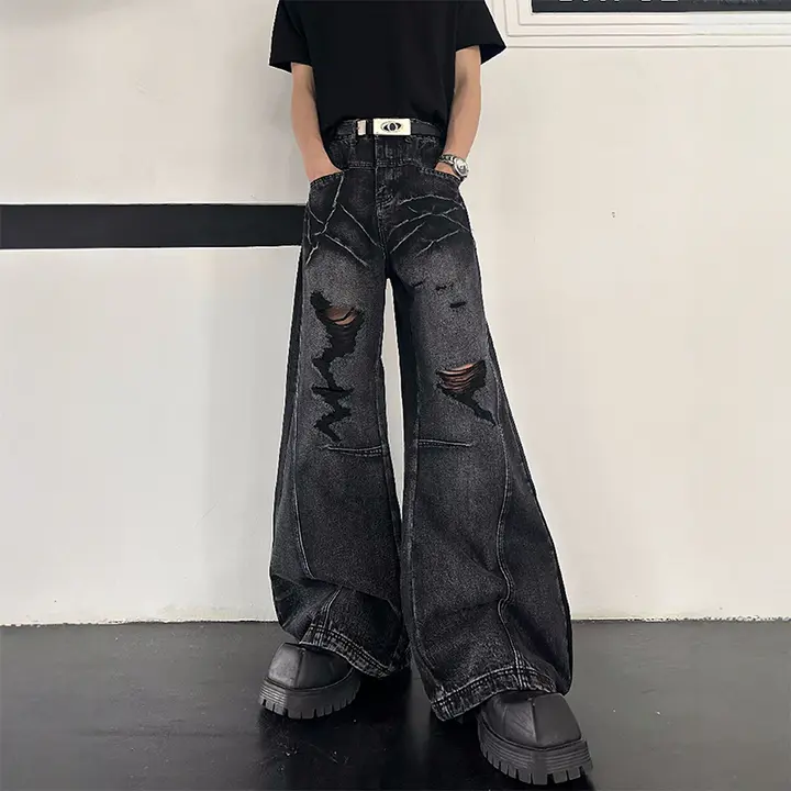 デニムパンツ メンズ オリジナルデザイン ダメージ加工 カーブドヘム ワイドシルエット 着回し おしゃれ「MARTHENAUT」