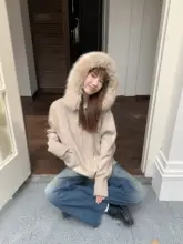 フード付きファー襟ニットカーディガン【スタイル・ジッパー・秋用】