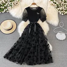 リボン付きニットメッシュチュニックドレス【優雅なフレア・ラウンドネック・ロングスカート】