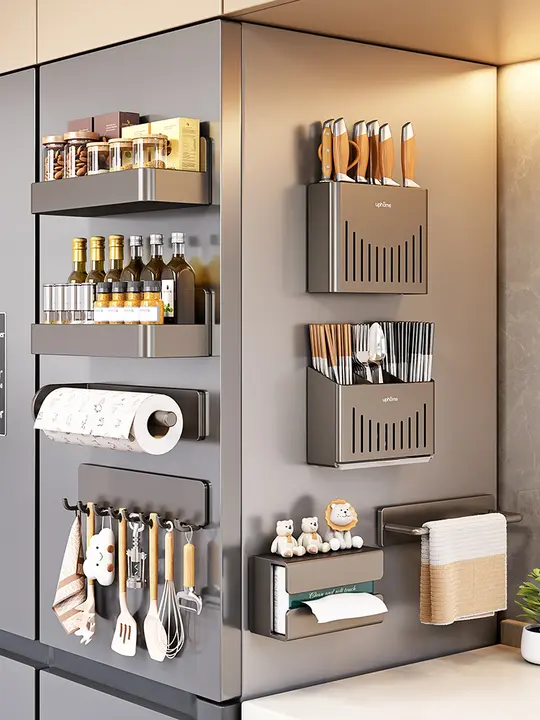 キッチン用マグネット収納ラック【調味料ホルダー・ナイフ＆箸立て・食品ラップ用マグネット付き・冷蔵庫収納】（セットアップ対応）