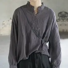 麻素材の立ち襟フレンチスタイルシャツ【デザイン性抜群・長袖・春秋用】