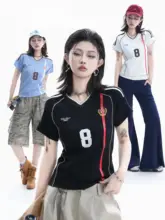 アメリカンレトロVネックショートスリーブTシャツ【フィット感・スポーツカジュアル・女性用】