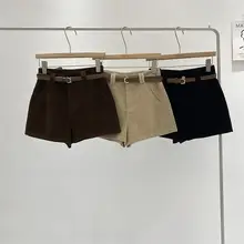 秋冬用 コーデュロイショートパンツ【高腰・ワイドレッグ・フィット・ベルト付き】