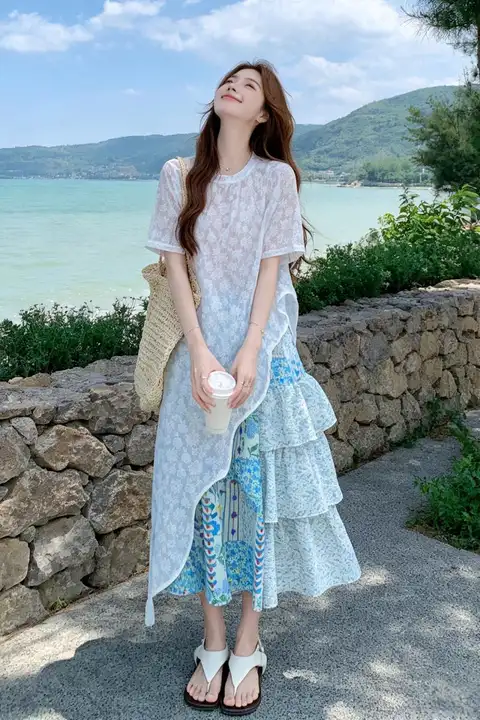 デザイン性のある不規則なレース刺繍トップス【花柄ミディスカート・半袖】（セットアップ対応）