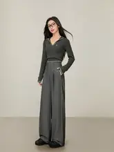 高腰グレー女性用ワイドパンツ【春夏・フィット・スーツスタイル】