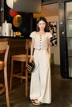撞色デザインのハンドメイドトップスとパンツ【小柄女性用・カジュアル】（セットアップ対応）