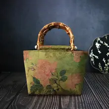 花柄デザインの手作りチャイナドレスバッグ【マグネット留め・竹製ハンドル・レトロスタイル】
