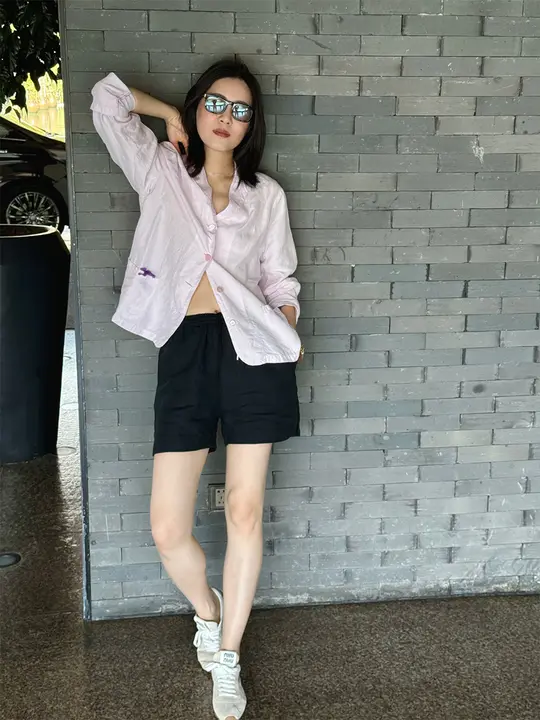 フレンチスタイルのルーズ麻コーディネート【ピンクジャケット・ネイビーショートパンツ・ウエストゴム】（セットアップ対応）