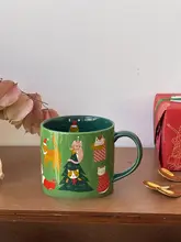 レトログリーンのクリスマス陶器マグカップ【大容量・蓋付き・家庭用・オフィス用】