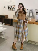 チェック柄シャツワンピース【秋用・フレンチスタイル・ノースリーブ・文芸風・二重構造】（セットアップ対応）