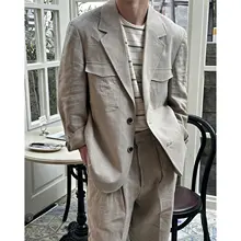 麻製カジュアルジャケット【春秋用・アメリカン＆イギリススタイル・ダブルプリーツパンツ・二件組（セットアップ対応）】