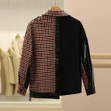 羊毛チェック柄PUレザー切り替えダブルフェイスコート【レディース・シックなデザイン】