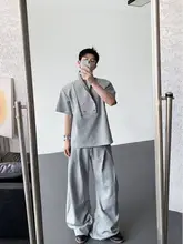 青果領メンズポロシャツ【肩パッド・金属ボタン・半袖】とワイドパンツ【アメリカンストリートスタイル】（セットアップ対応）