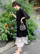 レース切替の黒Tシャツワンピース【ゆったりとしたデザイン・夏用・女性用】（セットアップ対応）