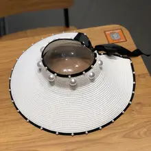 折りたたみ可能なビーチハット【草編み・パール付き・UVカット・大つば】