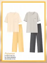 カップル用夏用コットン半袖パジャマ【抗菌・ウェア・男女共用・短袖・長ズボン】（セットアップ対応）